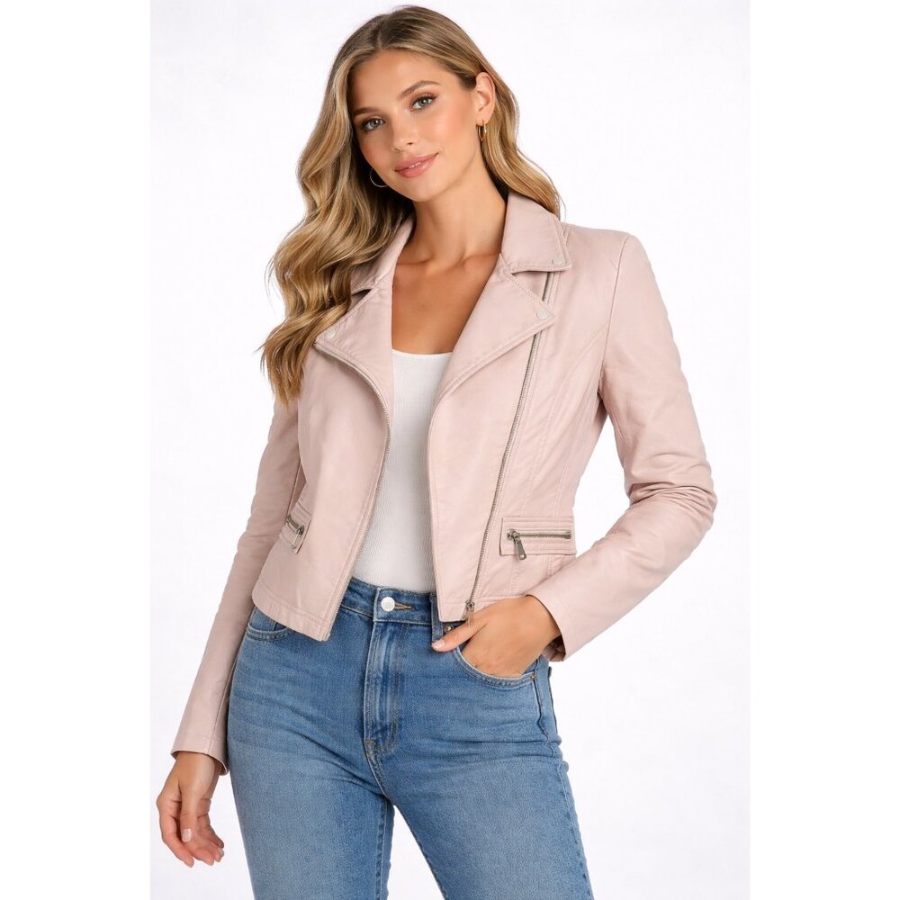 Shinestar Cropped Moto Jacket Faux Leather Beige Blush Zip Shoulder Pads L Y2K